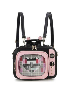 Retro TV Shaped Ita Backpack with Pin Display and Inserts Pink Crossbody Purse